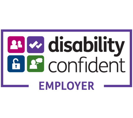 Disability Confident Employer logo in a purple box with four multi-coloured icons