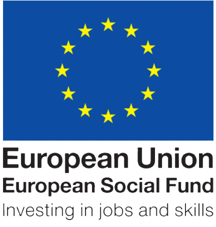 European Union flag with a circle of twelve yellow stars on a blue background. Below the flag, the text reads: ‘European Union – European Social Fund: Investing in jobs and skills