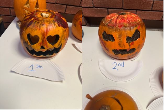 Two pumpkins ranked first and second place with scary designs