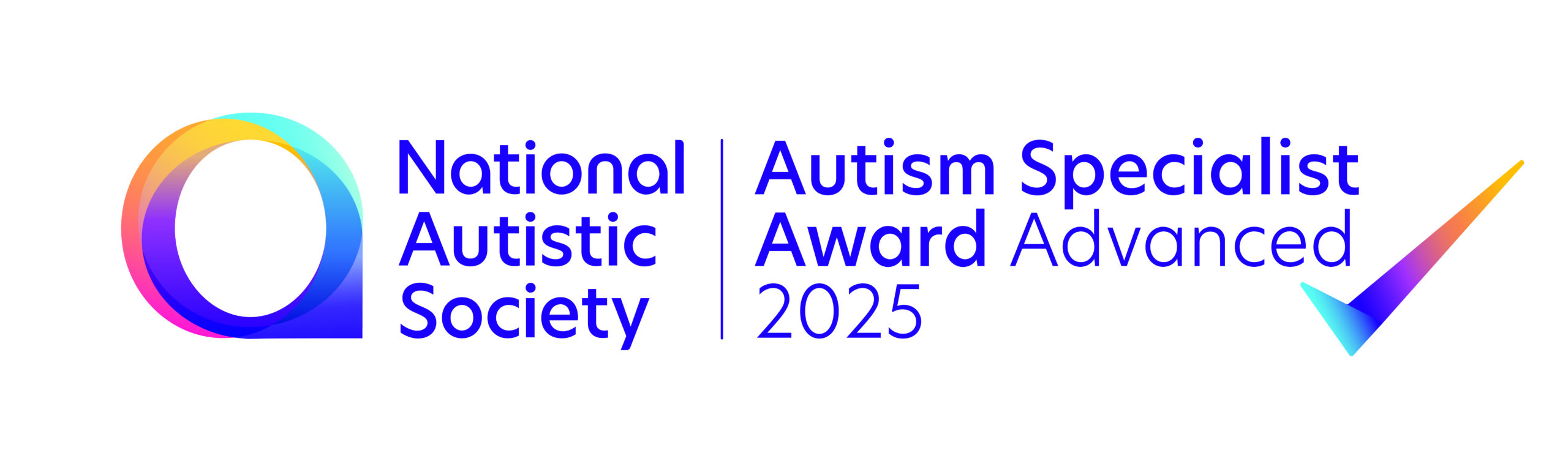 National Autistic Society logo featuring a multicoloured circular symbol, alongside the text ‘National Autistic Society | Autism Specialist Award Advanced 2025,’ with a multicoloured checkmark on the right.