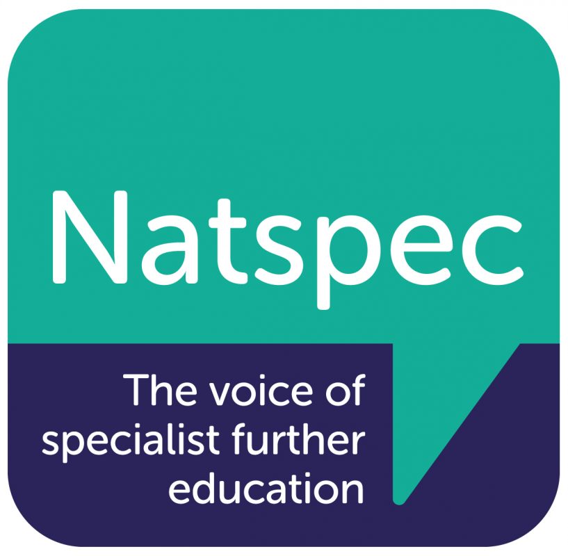 Natspec logo featuring a teal speech-bubble shape with the word ‘Natspec’ in white, above a navy section that reads ‘The voice of specialist further education