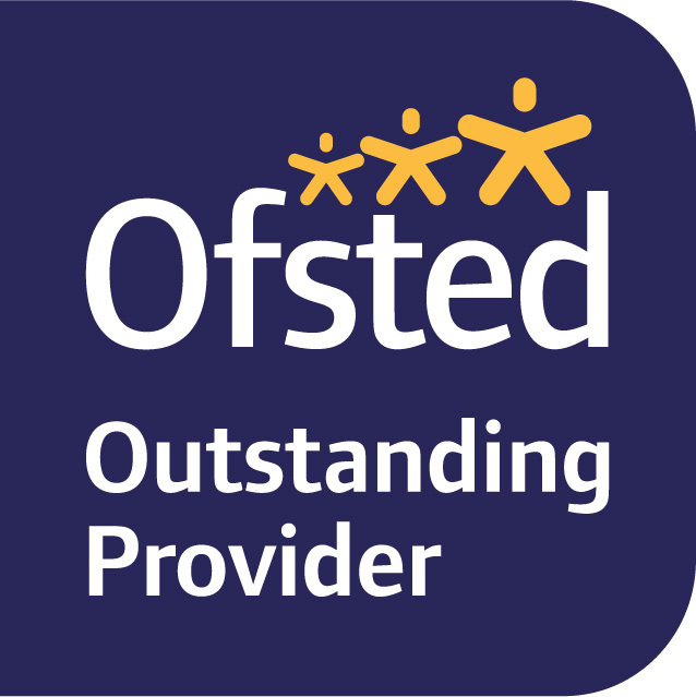Ofsted Outstanding provider text in white on a blue background. three stick people in yellow above the text