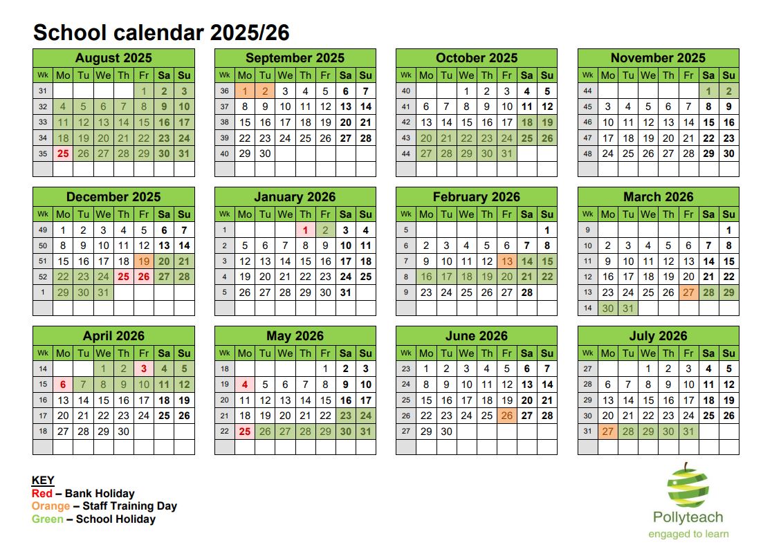 12 month calendar showing bank holidays, staff raining days and school holidays