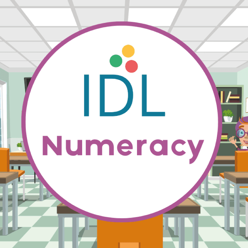 pink circle with IDL logo, on a cartoon classroom background with desks and cupboard
