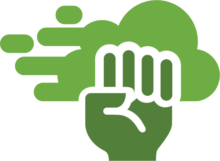 green hand doing a celebratory punch into a cloud